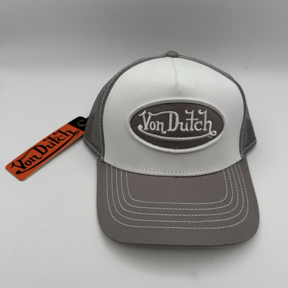 NWT Von Dutch White Gray Mesh Trucker Hat SnapBack Cap Y2K Style Logo